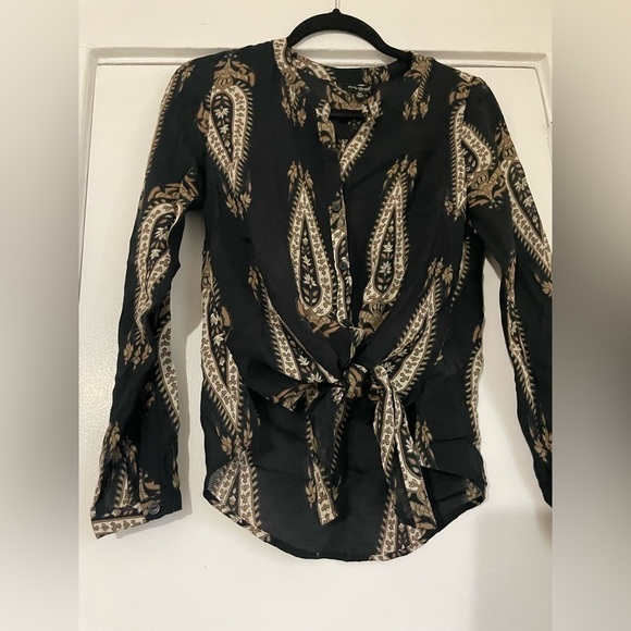 Lucky Brand black Paisley bellflower long sleeve tie up button down top size XS - Picture 4 of 8